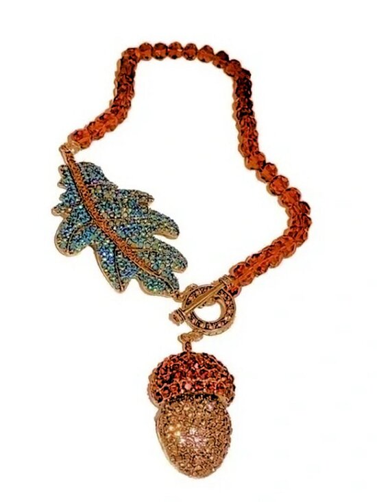 Unbranded Jewelry - Acorn Toggle Necklace Leaf Amber Tone Glass Beads Rhinestones NWOT Perfect 33032